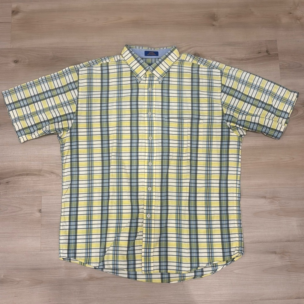 Men's Pendleton XL short sleeve casual button up shirt plaid blue and yellow